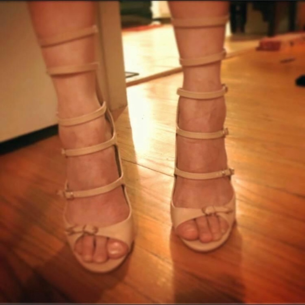 SOLD ON ANOTHER PLATFORM Peep Toe Strappy Caged Stiletto Heel in Nude - Picture 5 of 6